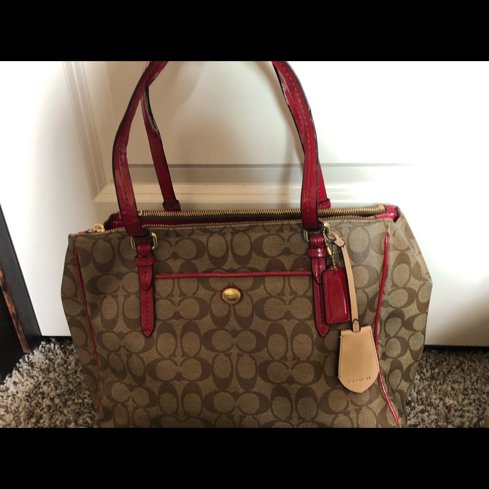 Bright red and brown Coach shoulder bag